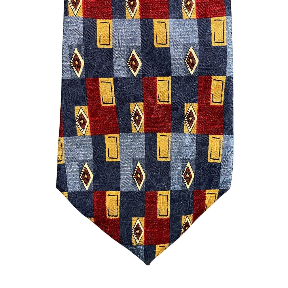 Perry Ellis Portfolio Mens Silk Tie Blue Red Gold Geometric Abstract Made in USA